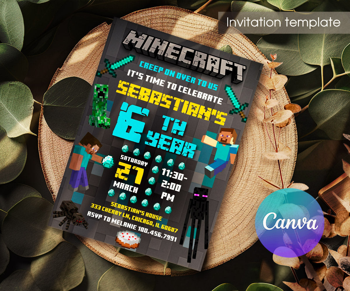 Minecraft Gamer customizable invitation template | Share or Print | PX097