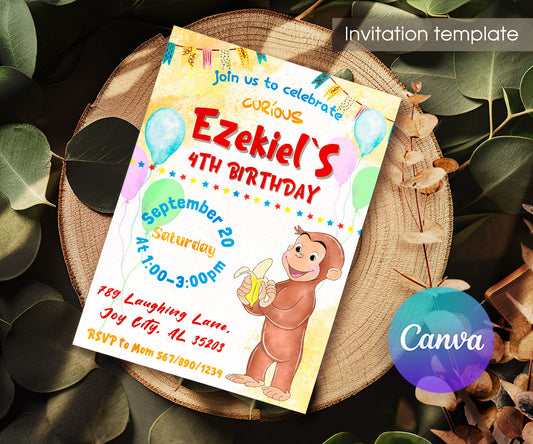 Curious George Monkey customizable invitation template | Share or Print | TH494