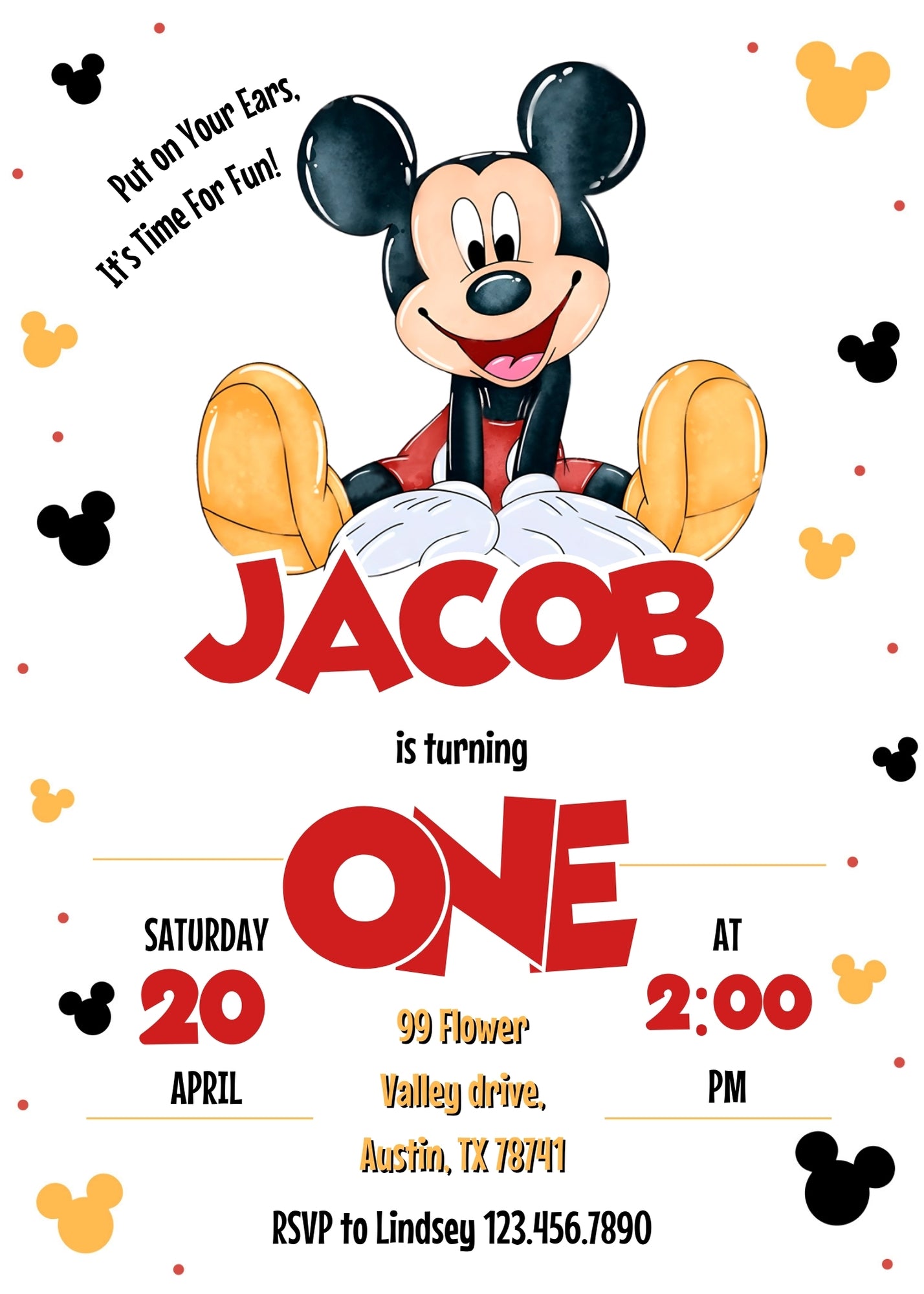Mickey Mouse 1st Birthday customizable invitation template | Share or Print | DJ769