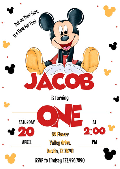 Mickey Mouse 1st Birthday customizable invitation template | Share or Print | DJ769