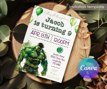 Hulk The Avengers Marvel Superhero customizable invitation template | Share or Print | boy | GF473