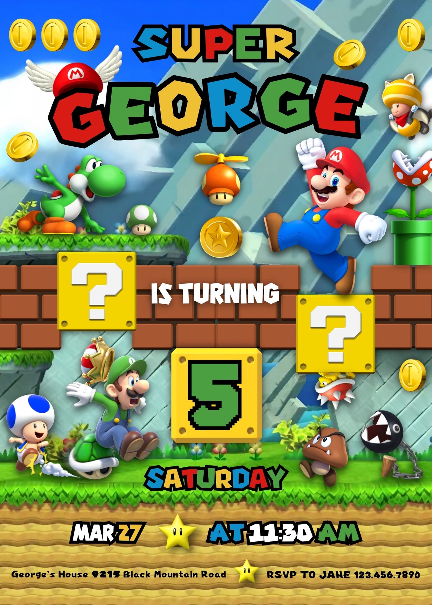 Super Mario Bros customizable invitation template | Share or Print | CM923