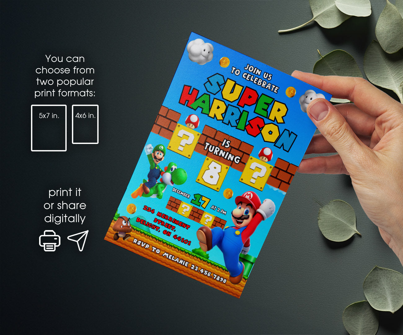 Super Mario Bros customizable invitation template | Share or Print | ZQ589