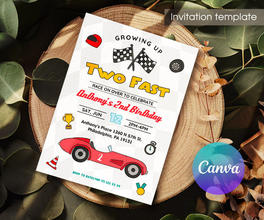 Race Car 2nd Bday Watercolor customizable invitation template | Share or Print | boy | XC604