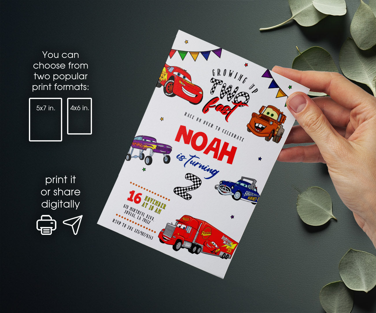 Cars Lightning Mcqueen Two customizable invitation template | Share or Print | boy | RV068