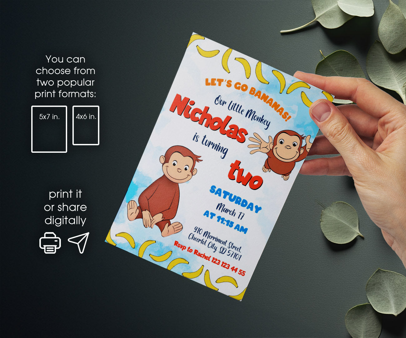Curious George Monkey customizable invitation template | Share or Print | OS704