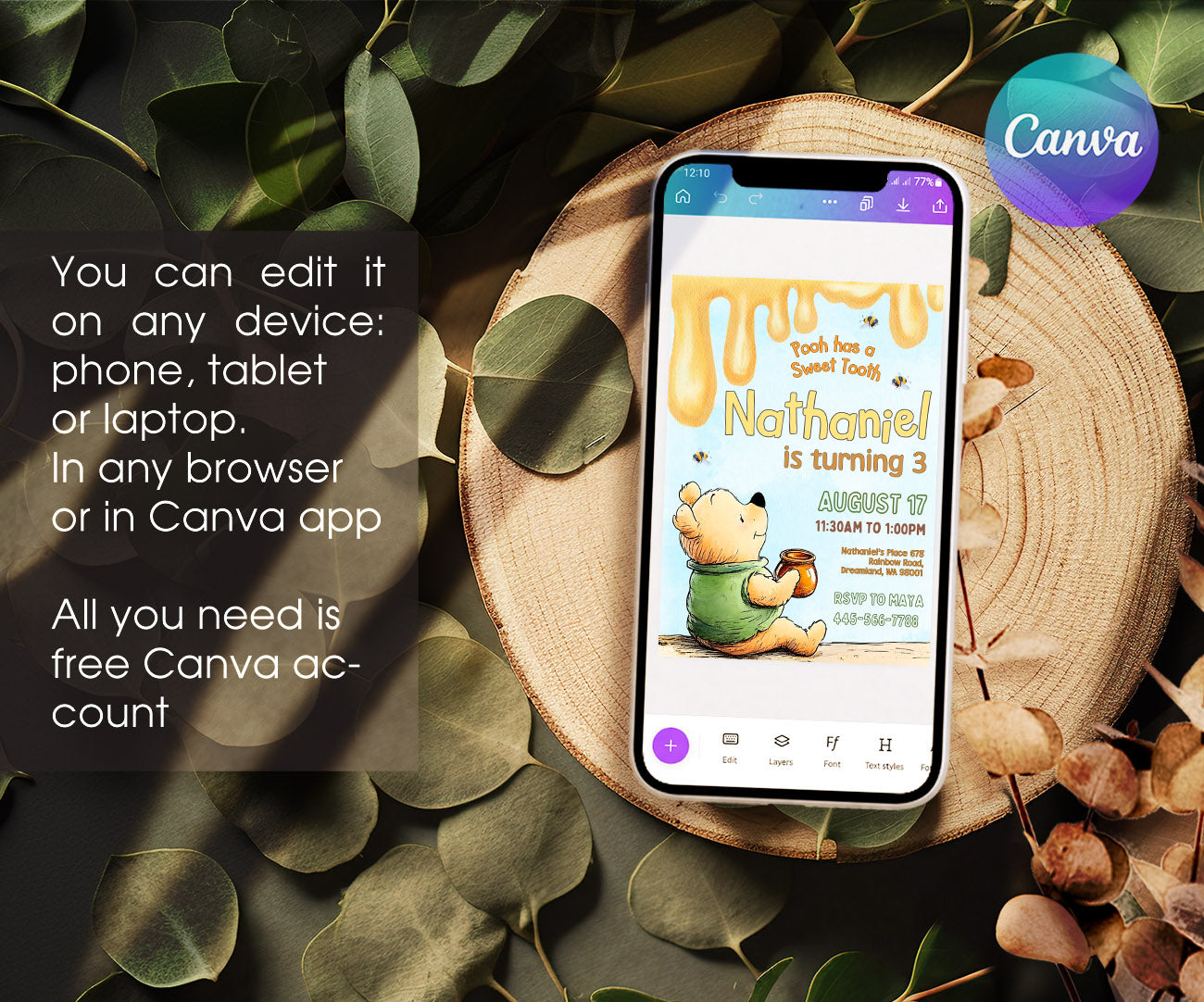 Winnie the Pooh customizable invitation template | Share or Print | YR898