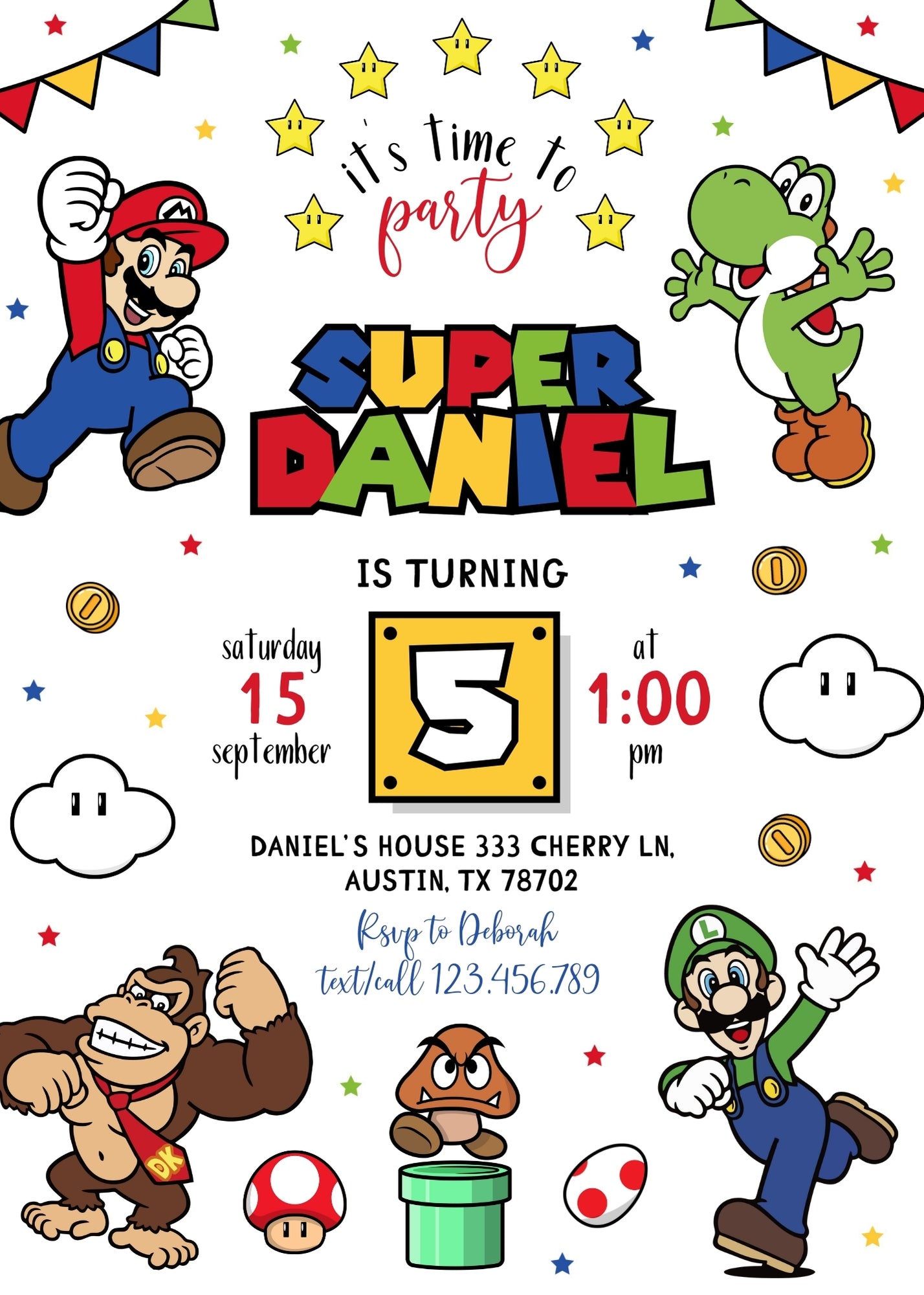 Super Mario Bros customizable invitation template | Share or Print | FW932