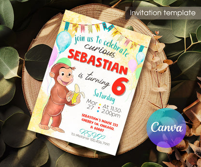 Curious George Monkey customizable invitation template | Share or Print | BA960