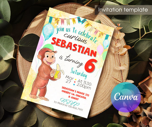 Curious George Monkey customizable invitation template | Share or Print | BA960