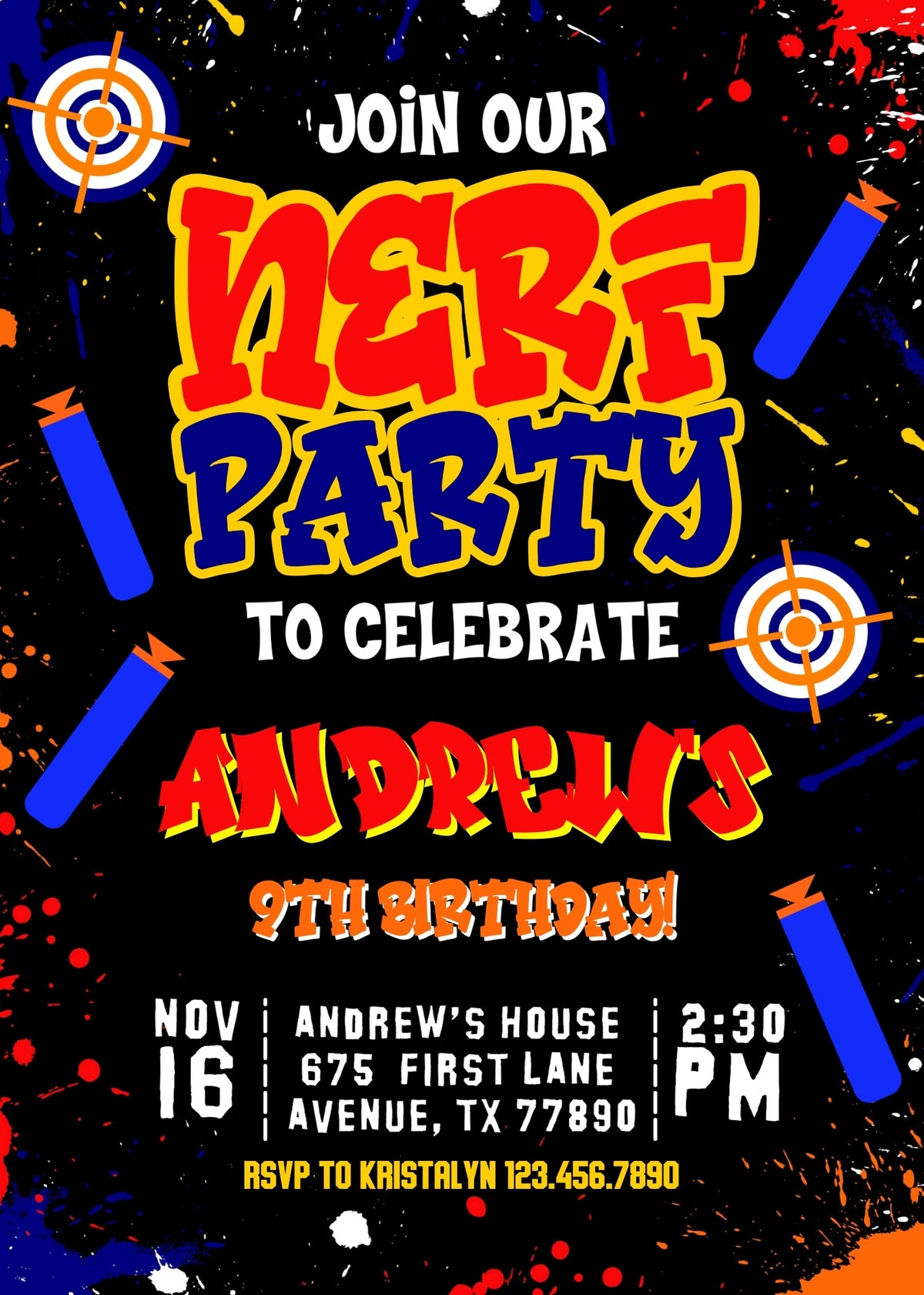 NERF Dart Wars customizable invitation template | Share or Print | boy | QA401