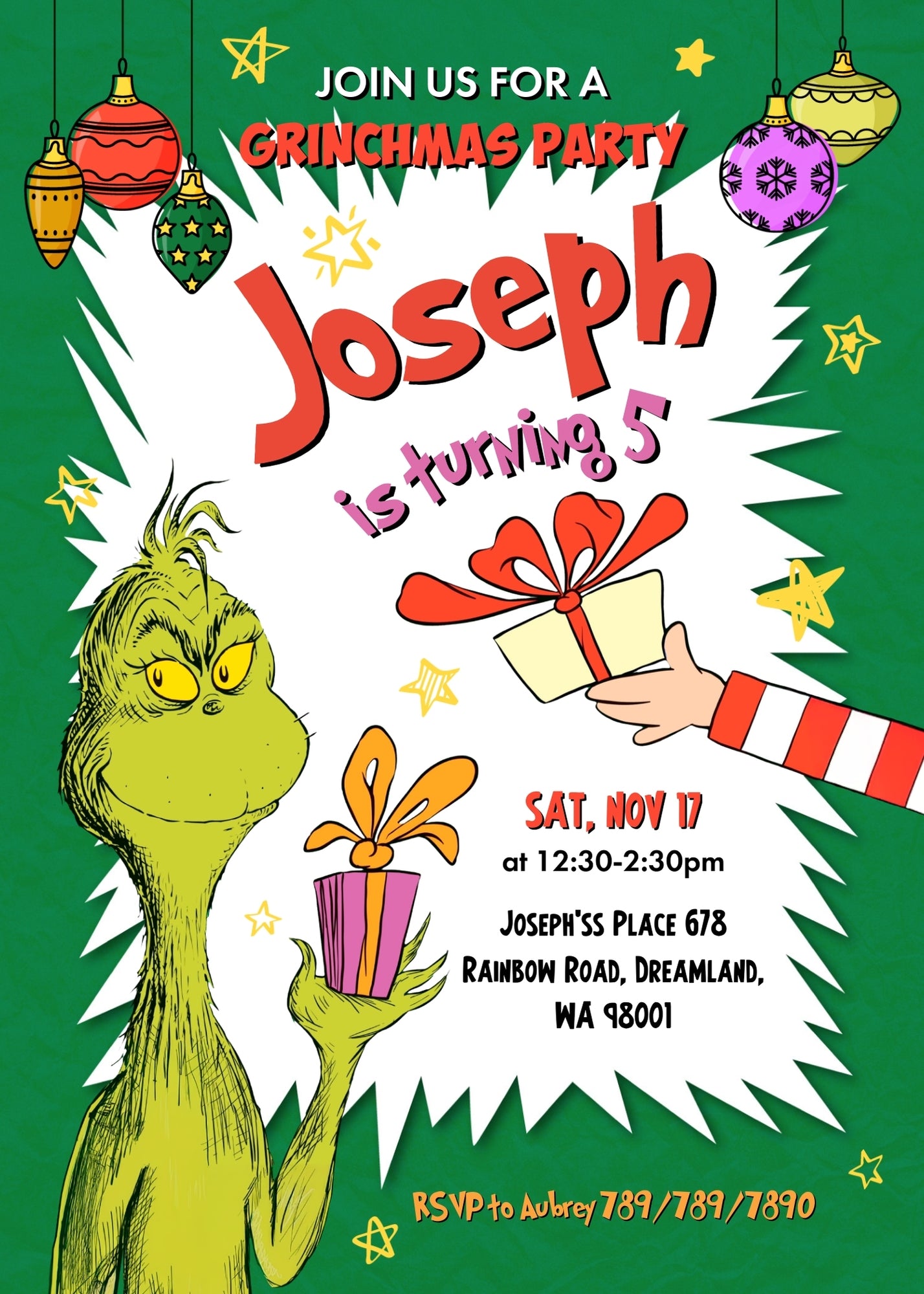 Dr Seuss How the Grinch Stole Christmas customizable invitation template | Share or Print | FH433