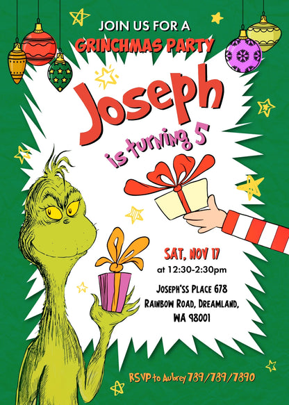 Dr Seuss How the Grinch Stole Christmas customizable invitation template | Share or Print | FH433