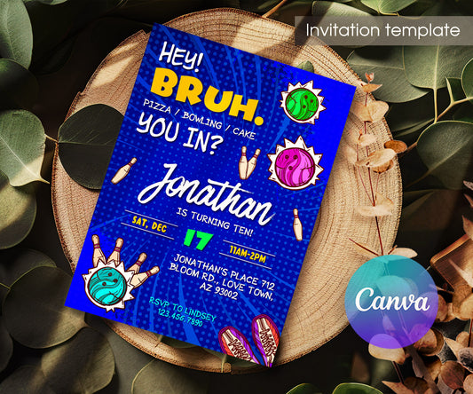 Bruh Bowling customizable invitation template | Share or Print | boy | UP585