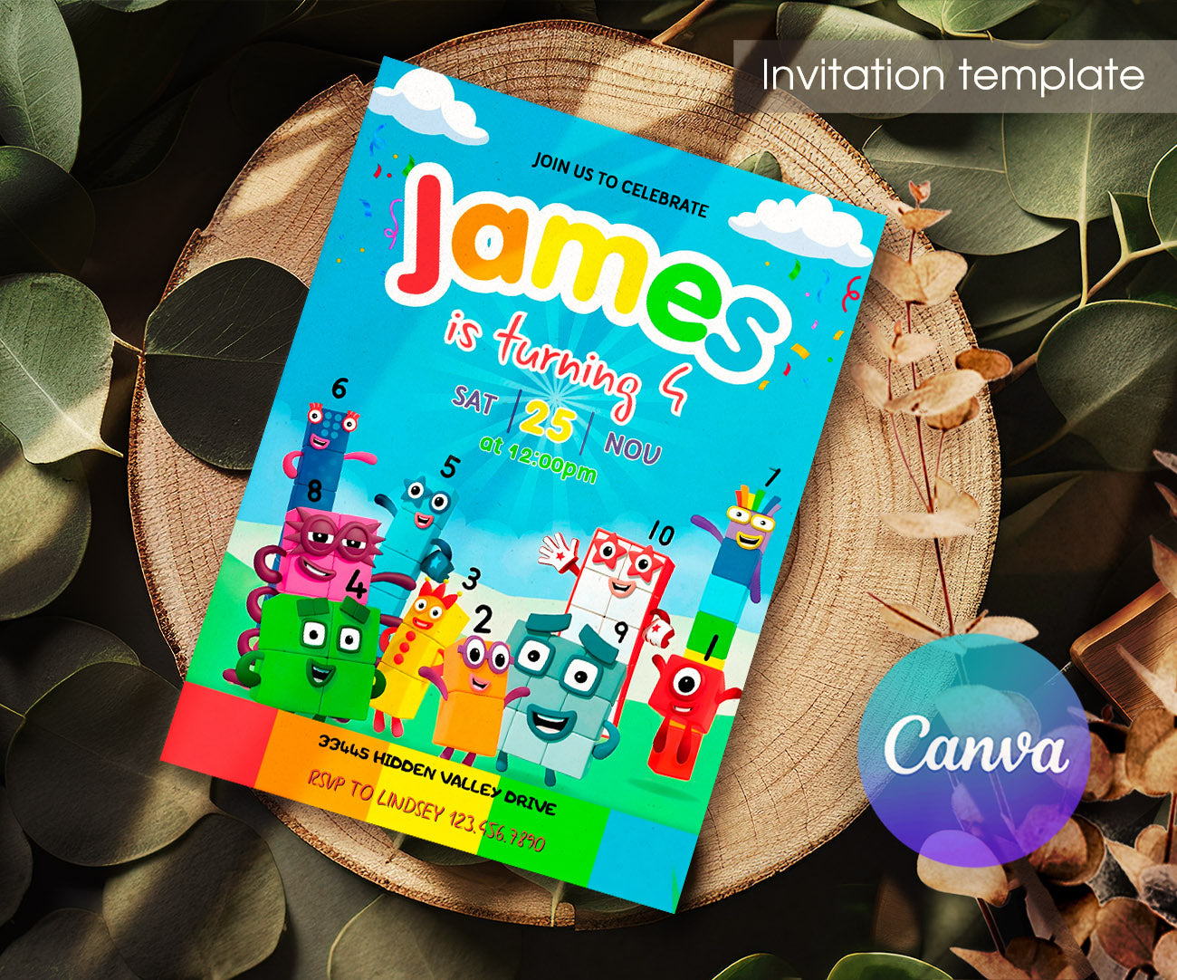 Numberblocks customizable invitation template | Share or Print | IR045