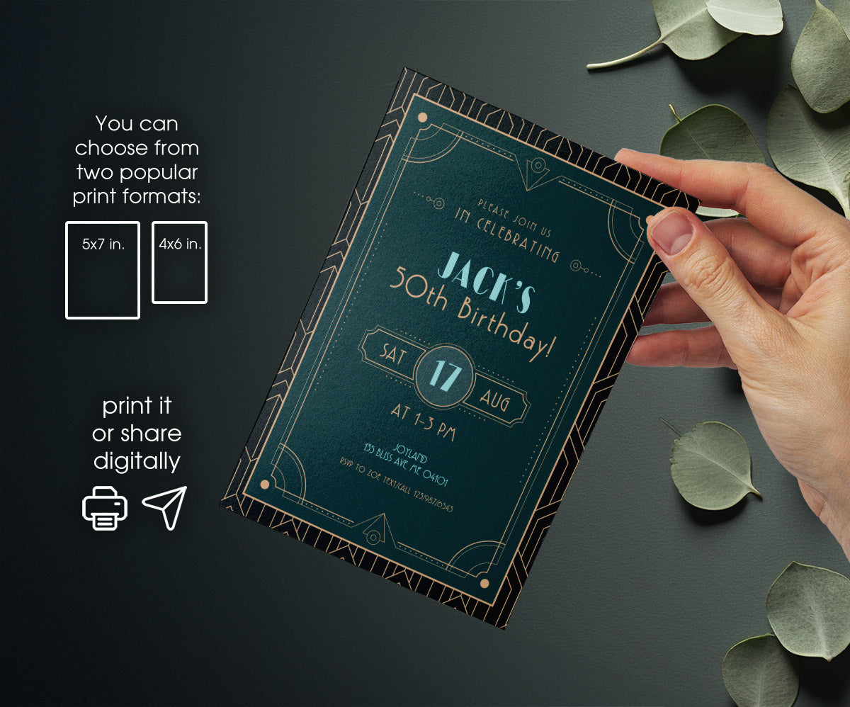 The Great Gatsby Art Deco customizable invitation template | Share or Print | ZF907
