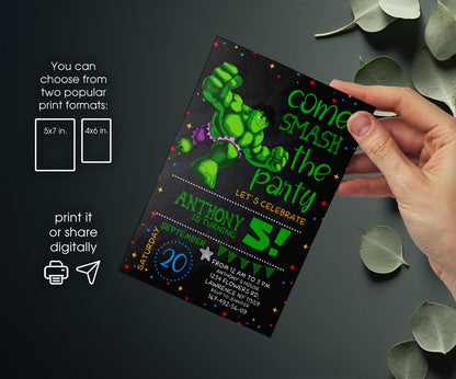 Hulk The Avengers Marvel Superhero customizable invitation template | Share or Print | boy | WP259