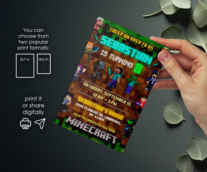 Minecraft Gamer customizable invitation template | Share or Print | BI535