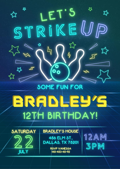 Bowling Strike Up customizable invitation template | Share or Print | QI359