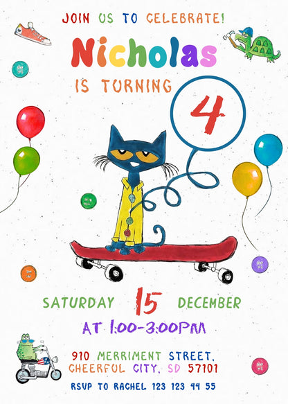 Pete the Cat customizable invitation template | Share or Print | PM090