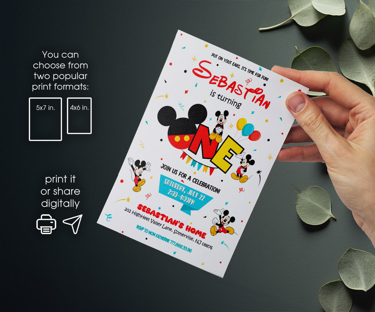 Mickey Mouse 1st Birthday customizable invitation template | Share or Print | SO367