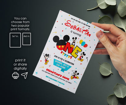Mickey Mouse 1st Birthday customizable invitation template | Share or Print | SO367