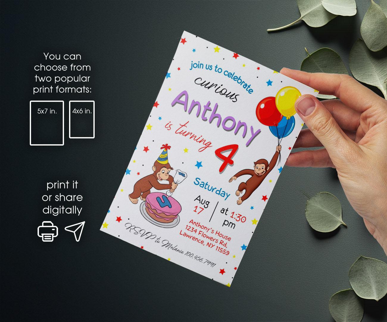 Curious George Monkey customizable invitation template | Share or Print | BV965