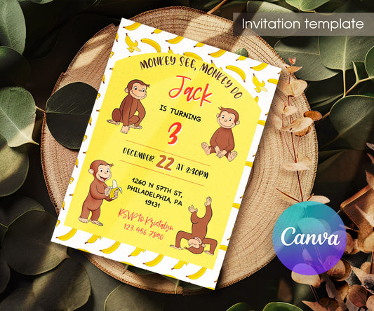 Curious George Monkey customizable invitation template | Share or Print | MQ462