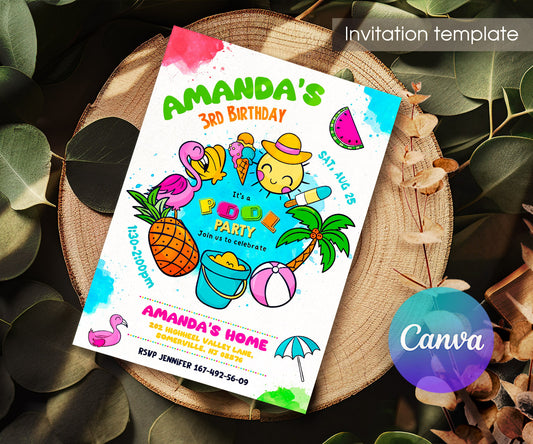 Pool Party customizable invitation template | Share or Print | girl | ZW789