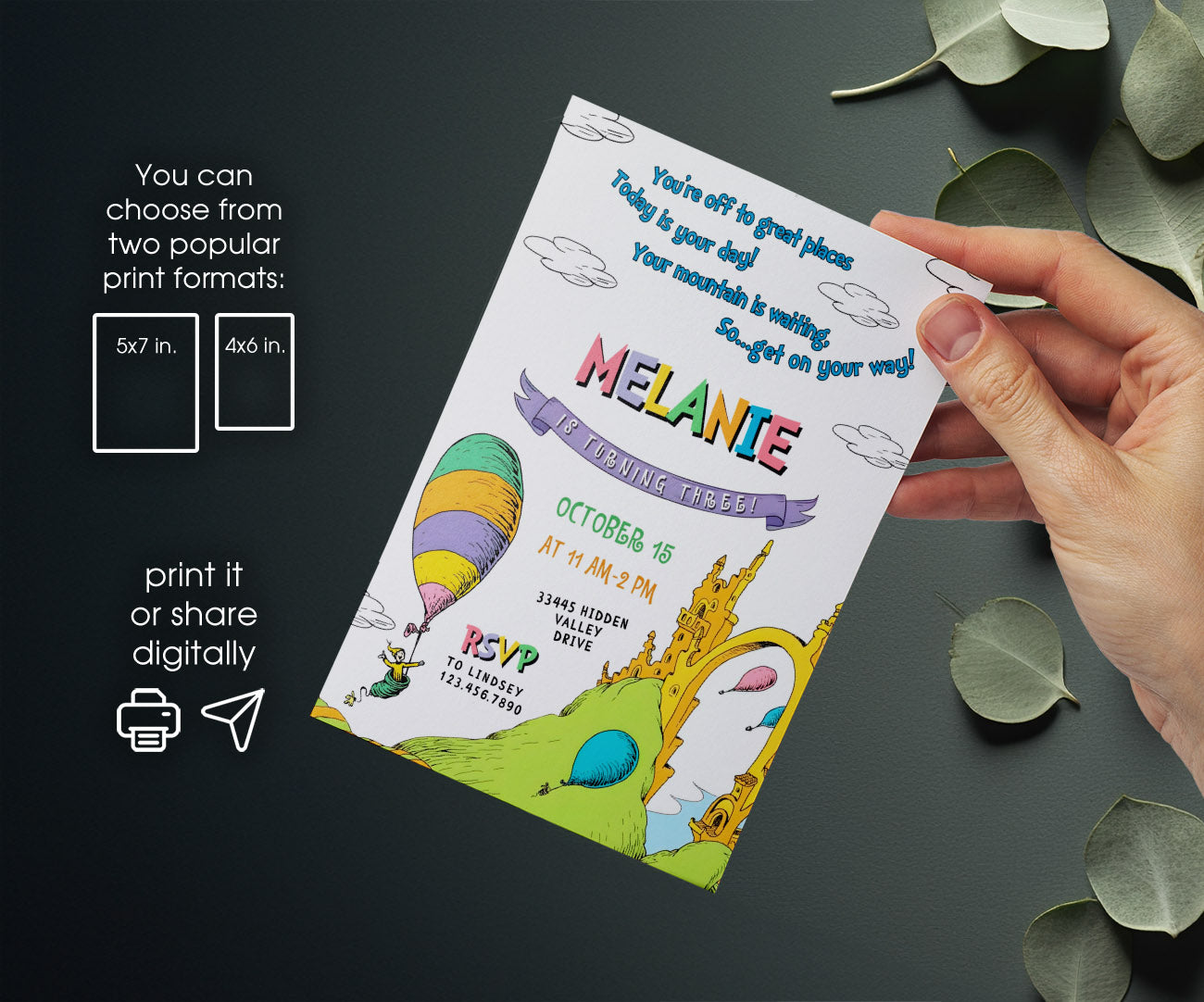 Dr Seuss Oh, the Places You'll Go customizable invitation template | Share or Print | DR262