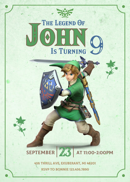 Legend of Zelda Gamer customizable invitation template | Share or Print | NS532