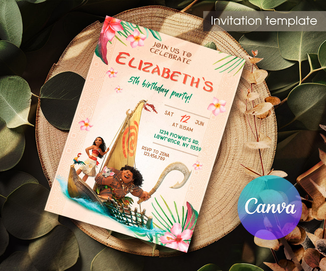 Moana Princess customizable invitation template | Share or Print | girl | KN644