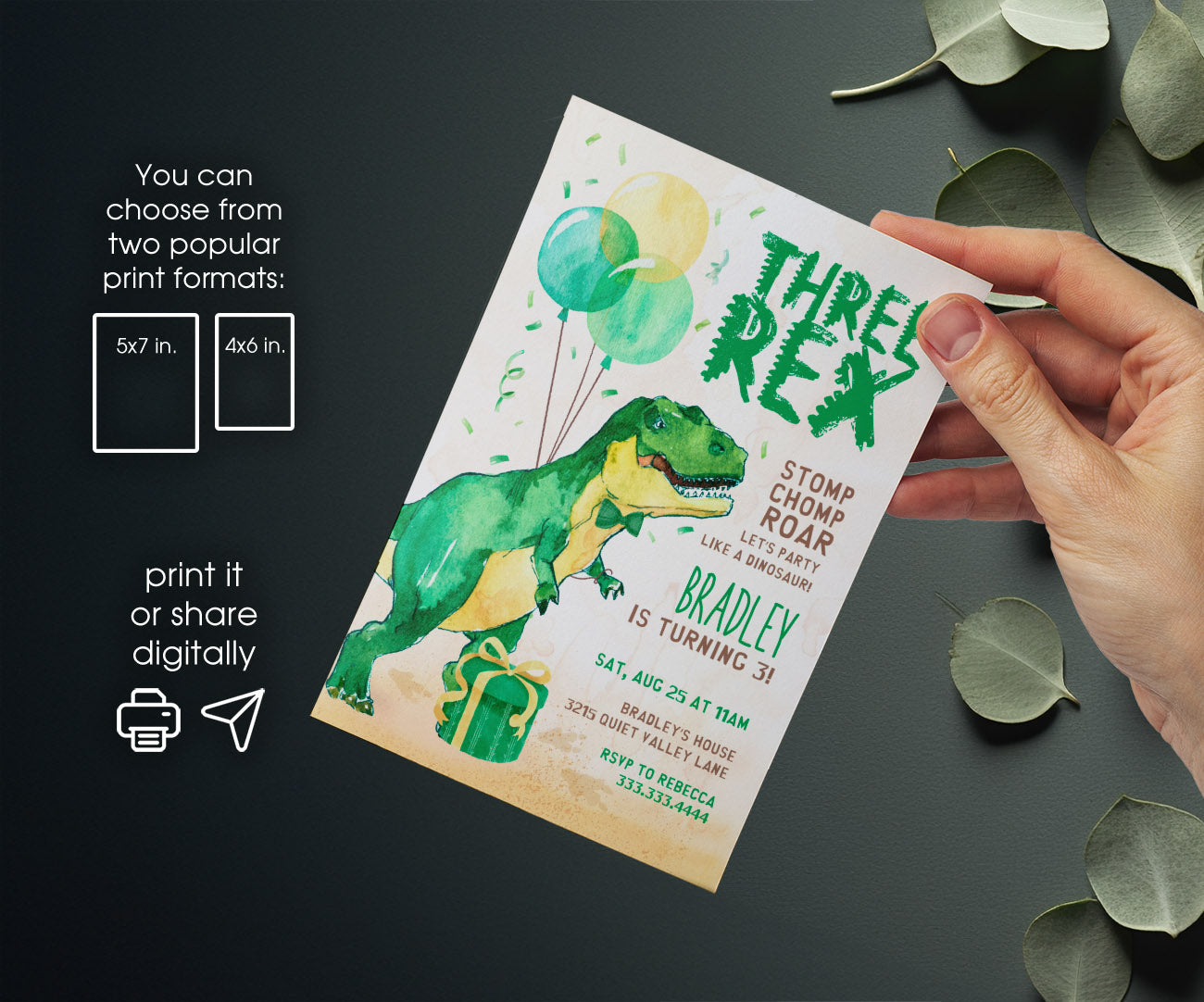 Dinosaur T-Rex customizable invitation template | Share or Print | DU080