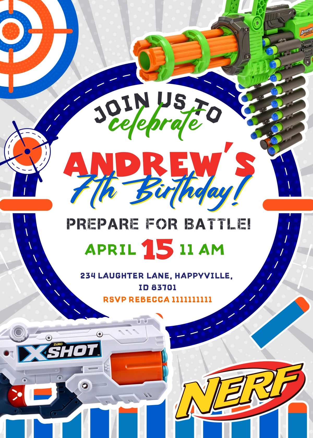 NERF Dart Wars customizable invitation template | Share or Print | boy | TD583