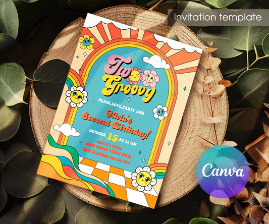 Groovy Second Birthday customizable invitation template | Share or Print | CC078