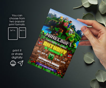 Minecraft Gamer customizable invitation template | Share or Print | WS589