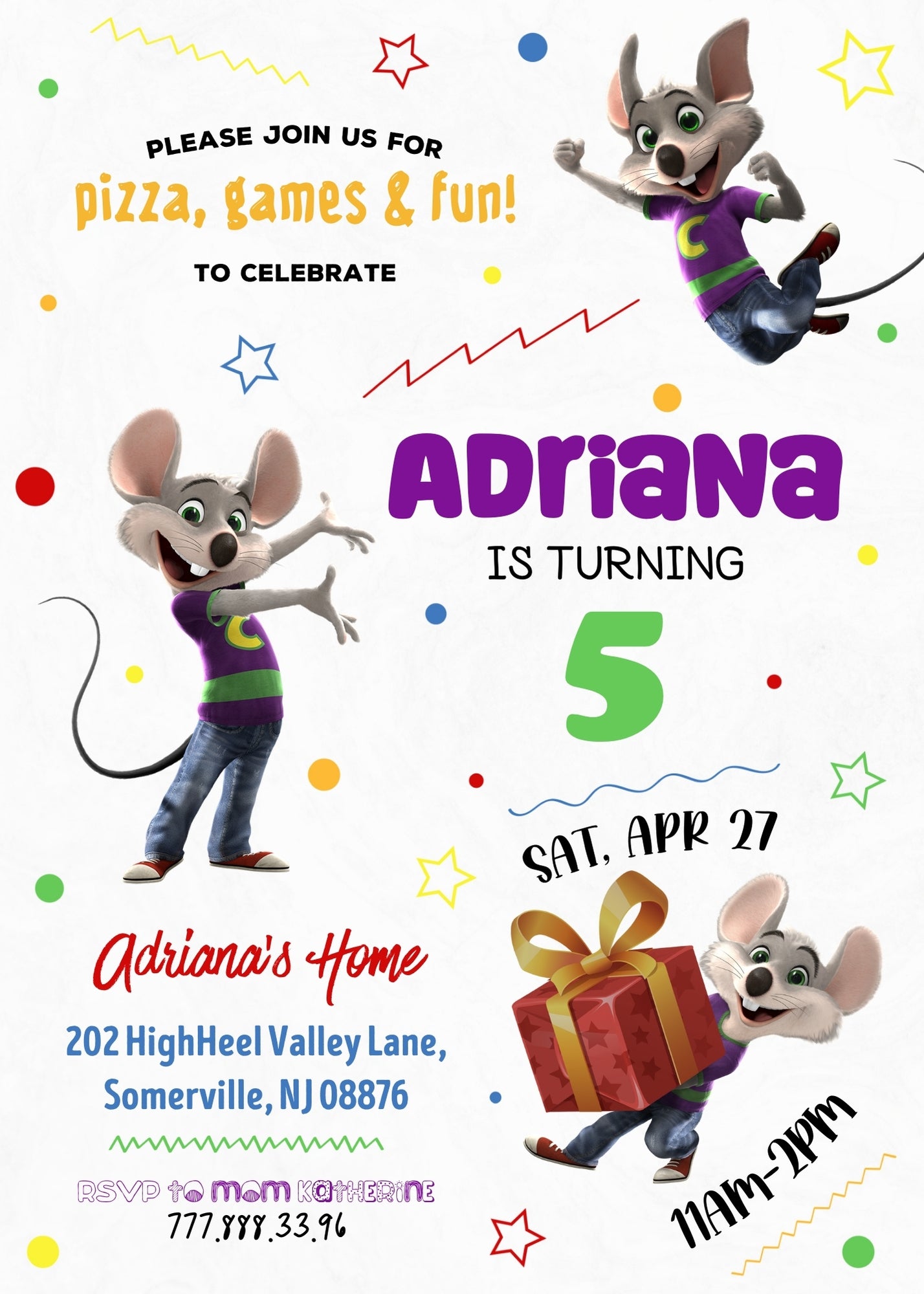 Chuck E. Cheese customizable invitation template | Share or Print | TK128