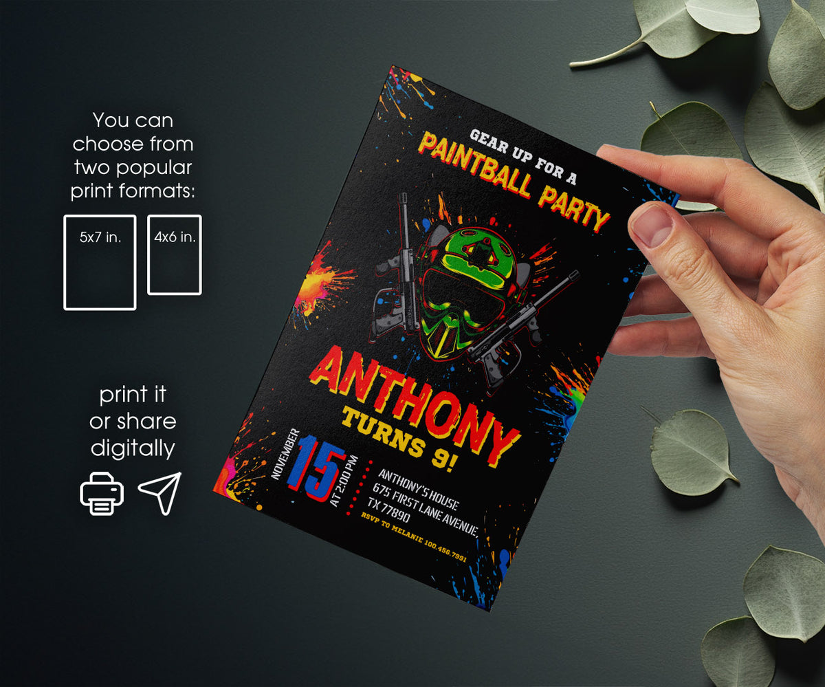 Paintball Airsoft battle customizable invitation template | Share or Print | boy | SB350