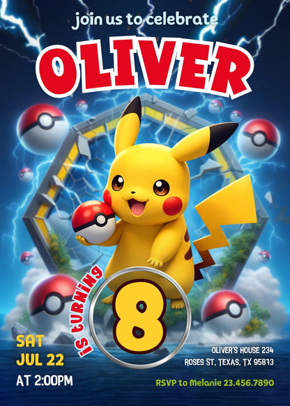 Pokemon Pikachu customizable invitation template | Share or Print | JF062
