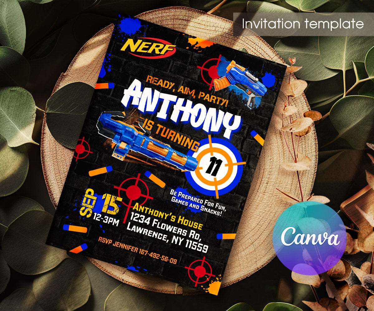 NERF Dart Wars customizable invitation template | Share or Print | boy | QX390