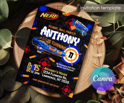 NERF Dart Wars customizable invitation template | Share or Print | boy | QX390