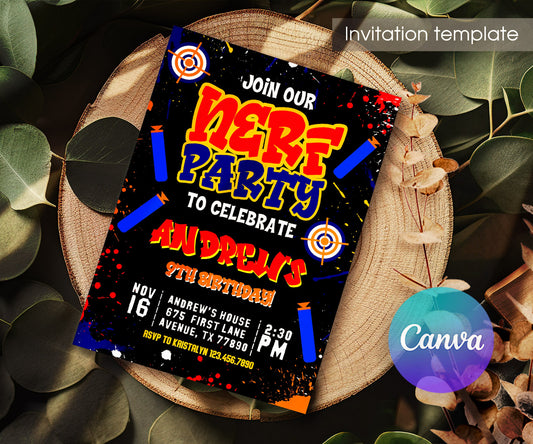 NERF Dart Wars customizable invitation template | Share or Print | boy | QA401
