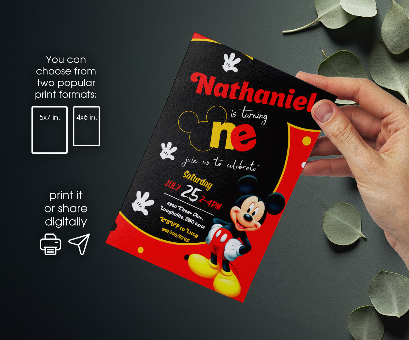 Mickey Mouse 1st Birthday customizable invitation template | Share or Print | PL125