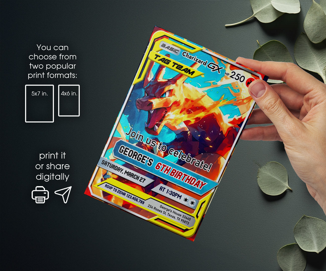 Charizard Pokemon Anime customizable invitation template | Share or Print | MQ775