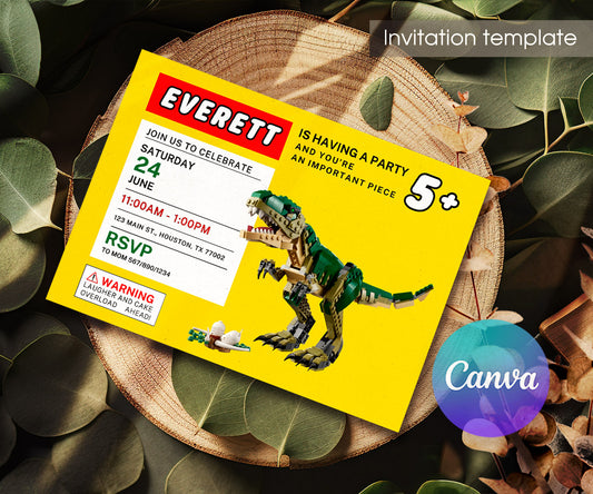 Lego Dinosaur T-Rex customizable invitation template | Share or Print | DP481