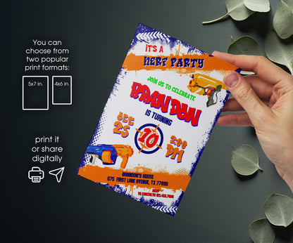 NERF Dart Wars customizable invitation template | Share or Print | boy | VH053