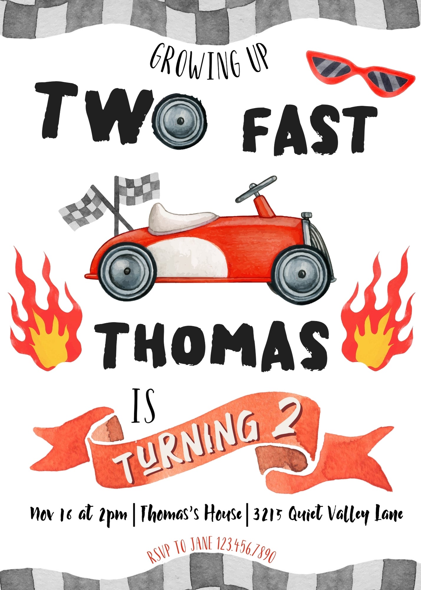 Race Car 2nd Bday Watercolor customizable invitation template | Share or Print | boy | RB042