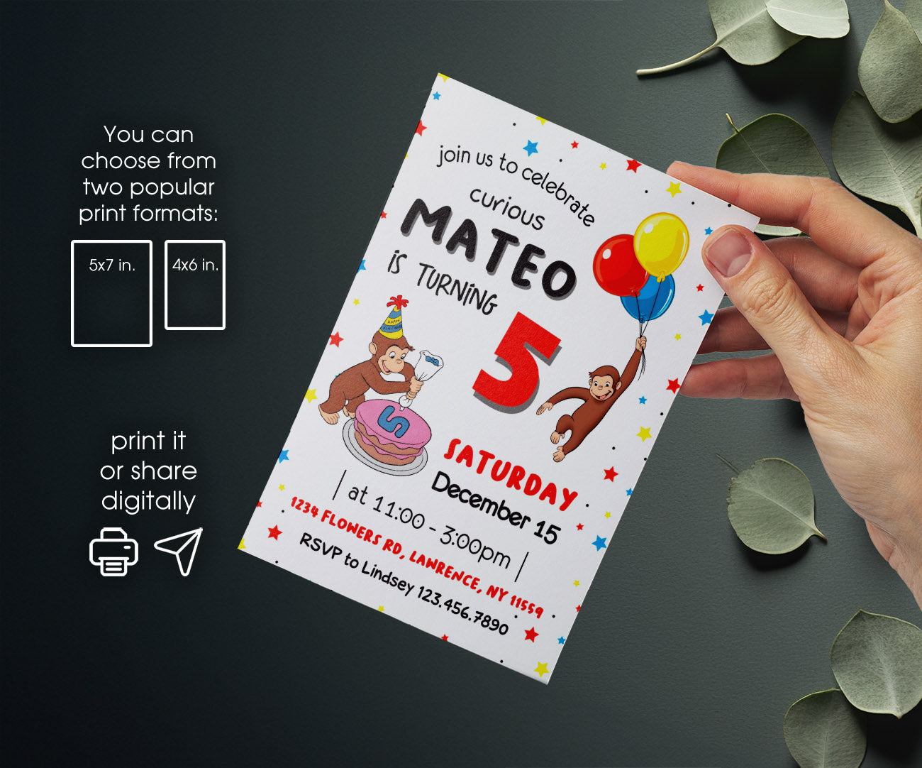 Curious George Monkey customizable invitation template | Share or Print | KM002