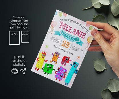 Numberblocks customizable invitation template | Share or Print | BH381
