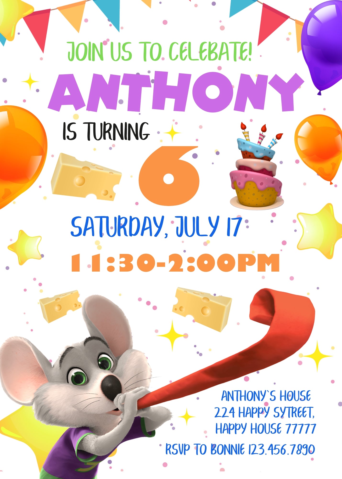 Chuck E. Cheese customizable invitation template | Share or Print | YC663